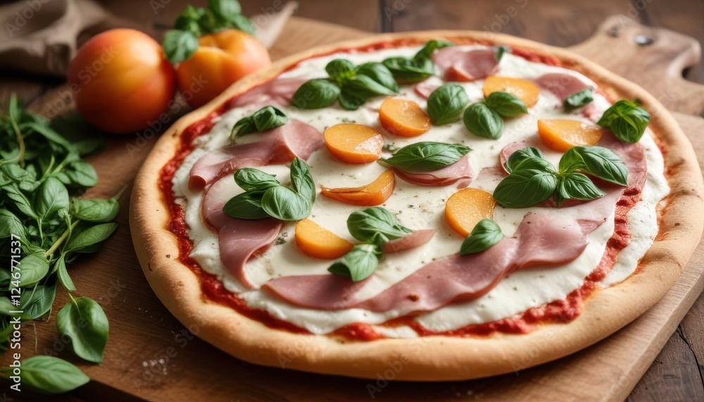 Delicious artisan pizza with ham, mozzarella, and peach slices, garnished with fresh basil Delicious artisan pizza with ham, mozzarella, and peach slices, garnished with fresh basil