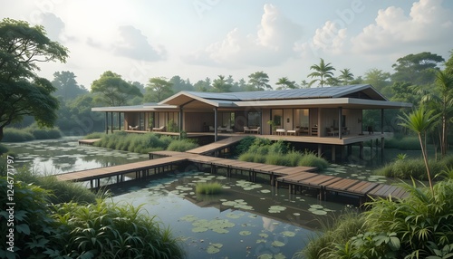 Ultra-modern 8K eco-house surrounded by wetlands with floating walkways, bamboo elements, and solar roofs