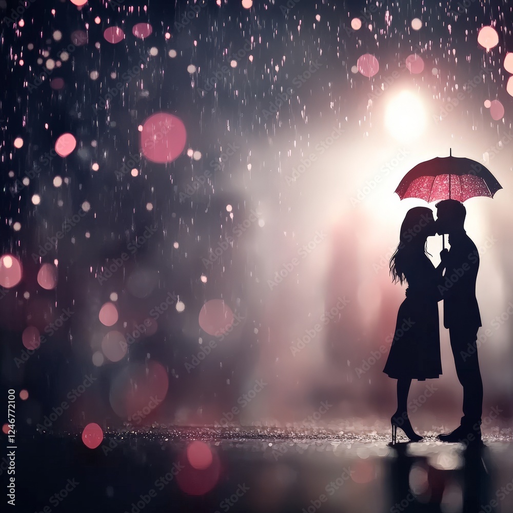 Obraz premium Velentinr's Day Romantic Couple Embracing and Kissing Under a Colorful Umbrella in a Soft Rainy Atmosphere Creating an Intimate and Tender Moment of Love Bokeh