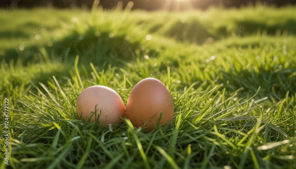 Two Brown Eggs Resting Gently in Lush Green Grass, Bathed in Warm Sunlight Two Brown Eggs Resting Gently in Lush Green Grass, Bathed in Warm Sunlight