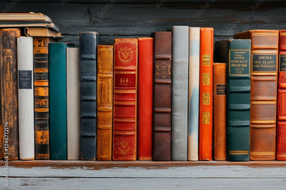 Naklejka premium A classic wooden bookshelf filled with old, leather-bound books with golden lettering