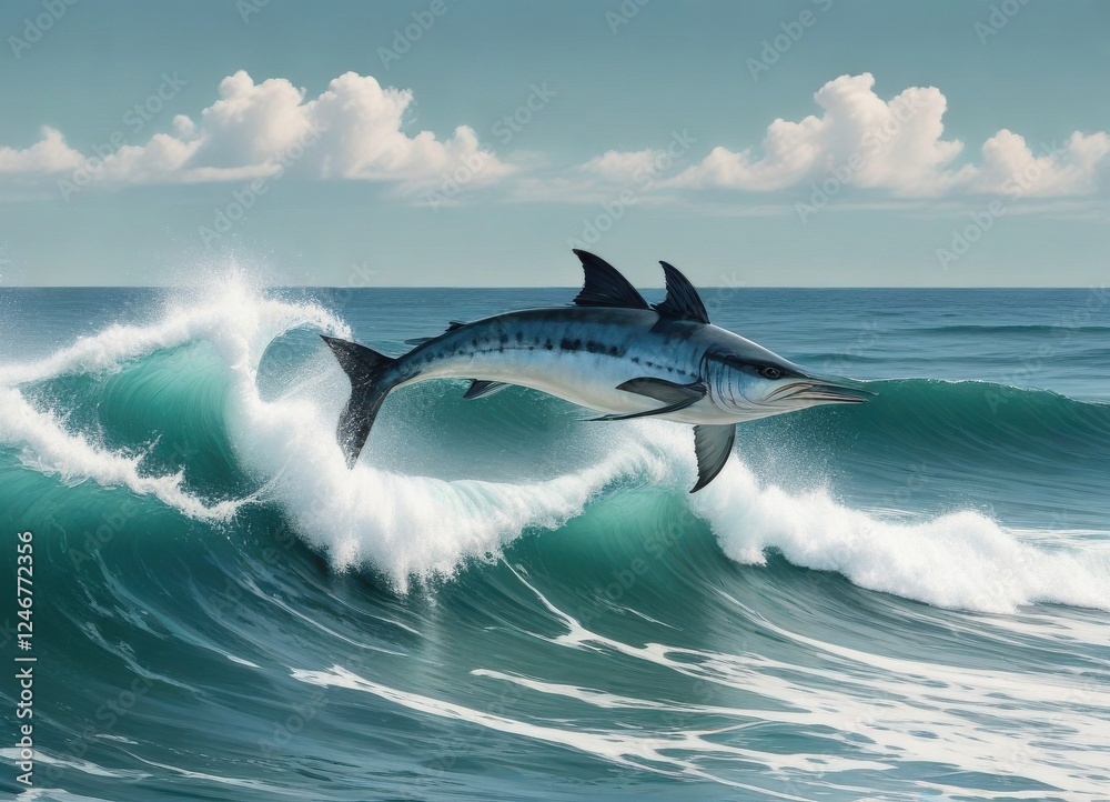 Fototapeta premium Oceanic Predator Leaping Over a Crest of a Wave in the Deep Blue Sea
