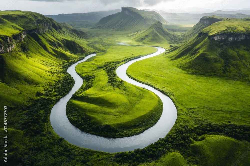 A stunning aerial view of a winding river cutting through a lush green valley A stunning aerial view of a winding river cutting through a lush green valley