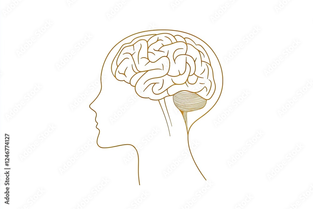 A simple vector line drawing of the side profile outline of a head with a brain on a white background, with golden lines, in a flat design style, vector art style, using simple shapes, A simple vector line drawing of the side profile outline of a head with a brain on a white background, with golden lines, in a flat design style, vector art style, using simple shapes,