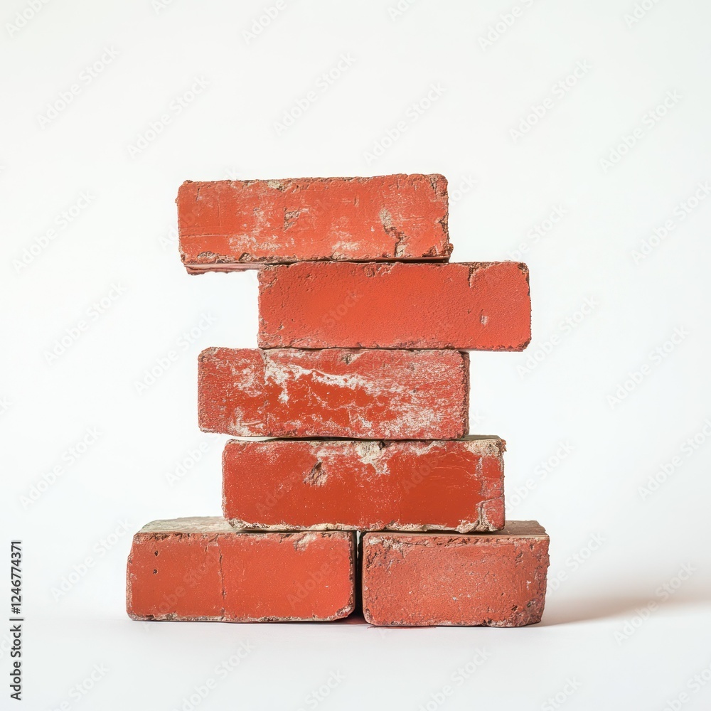 Obraz premium Three Old Red Bricks Stacked Texture isolated T transparent background