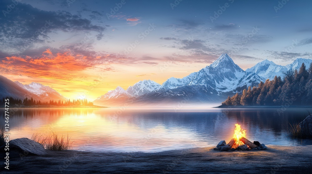 Naklejka premium A family enjoying an evening around a campfire by a serene lake, with mountains in the background, and the calm water reflecting the sunset hues.