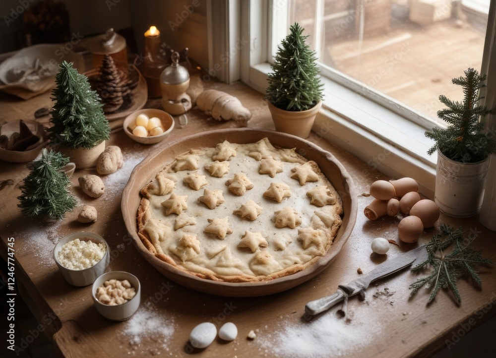 Star-shaped pastry adorned homemade pie on rustic table with miniature evergreen trees Star-shaped pastry adorned homemade pie on rustic table with miniature evergreen trees
