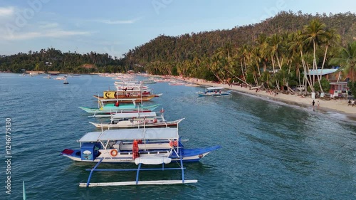 4K Aerial View of boats during sunset in Palawan, Phillipines