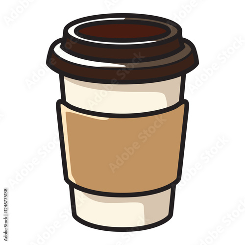 A vector drawing of a classic paper coffee cup with a black lid.