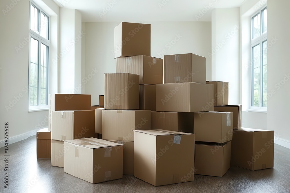 Moving Day With Stacked Cardboard Boxes in a Modern Living Room. Generative AI Moving Day With Stacked Cardboard Boxes in a Modern Living Room. Generative AI