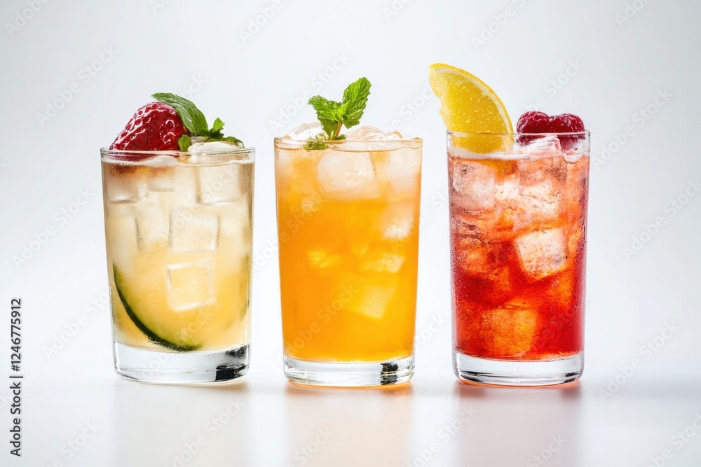 Refreshing sangria drinks in clear glasses with ice and vibrant garnishes against a white background Refreshing sangria drinks in clear glasses with ice and vibrant garnishes against a white background