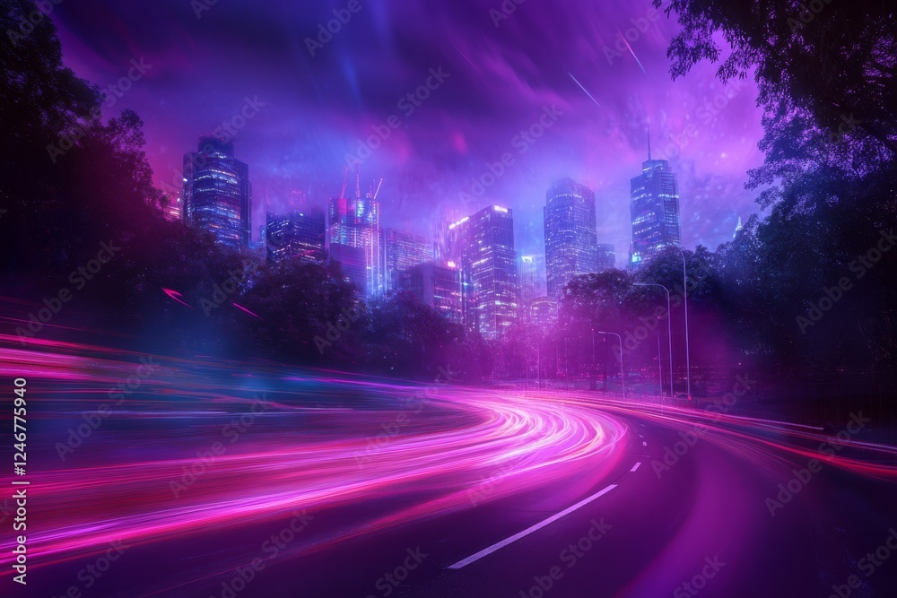 Fototapeta premium Urban Pulse collage design captures the vibrant energy of city life at night with neon colors and dynamic movements