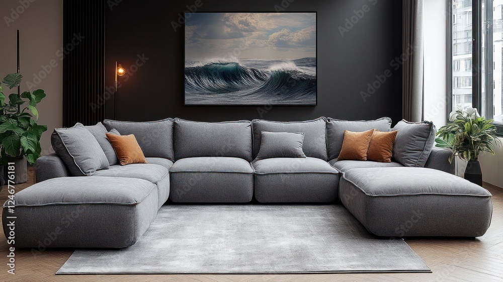 Grey sectional sofa, modern living room, ocean waves art Grey sectional sofa, modern living room, ocean waves art
