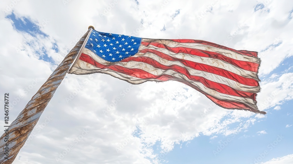 Obraz premium Weathered Flag In A Bright Blue Sky