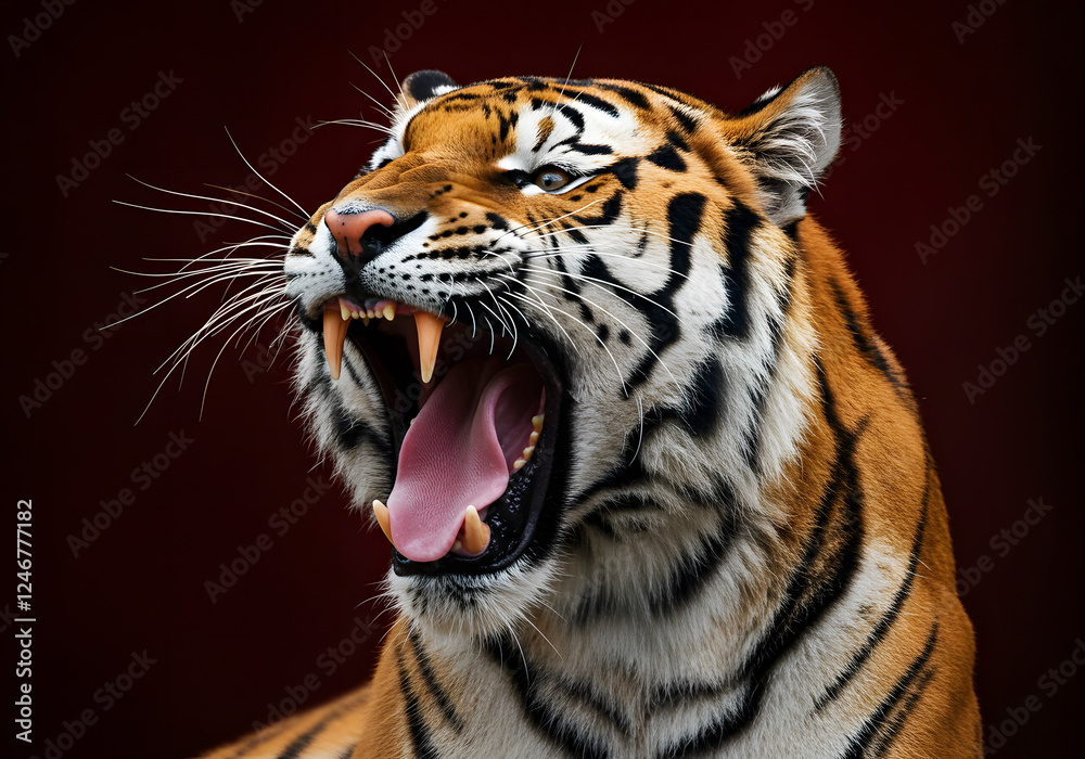 Fototapeta premium Tiger with a fierce roar, mouth wide open, fangs visible, against a dark red background