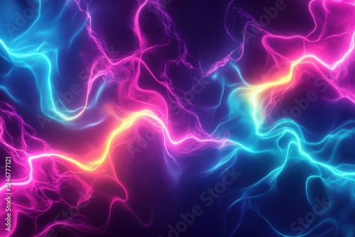 Vibrant abstract design with neon colors and dynamic light patterns in dark background