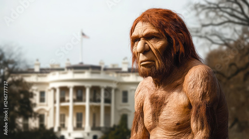 Naked caveman, White House in the background, symbol of savage politics photo