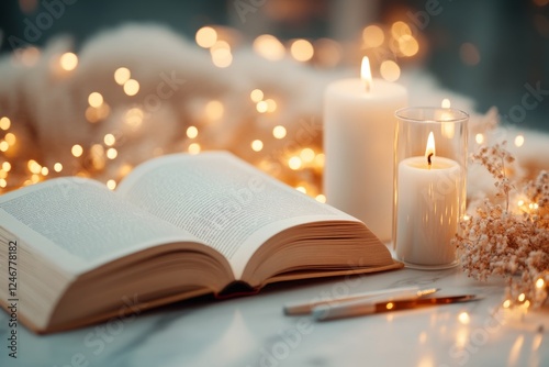 Wallpaper Mural A famous literary work open on a marble table, surrounded by candles and quills Torontodigital.ca