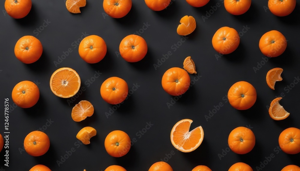 A vibrant flat lay showcasing whole and segmented citrus fruits arranged on a dark surface A vibrant flat lay showcasing whole and segmented citrus fruits arranged on a dark surface