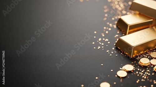 Gold bars & coins on dark surface for elegant website, exclusive advertisement, luxury product display, premium design assets & investment posts,  for articles on finance, economics and presentations