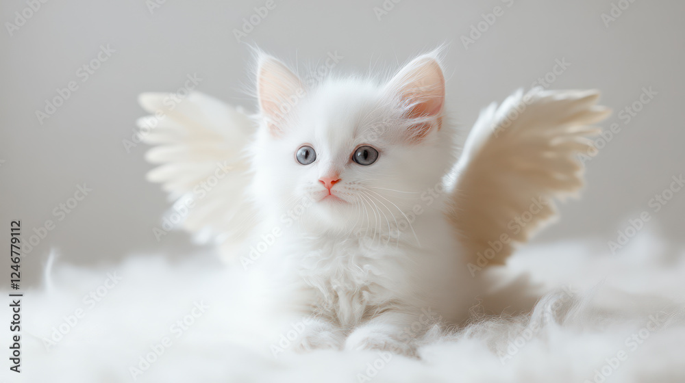 White kitten with angel wings on soft fluffy surface White kitten with angel wings on soft fluffy surface