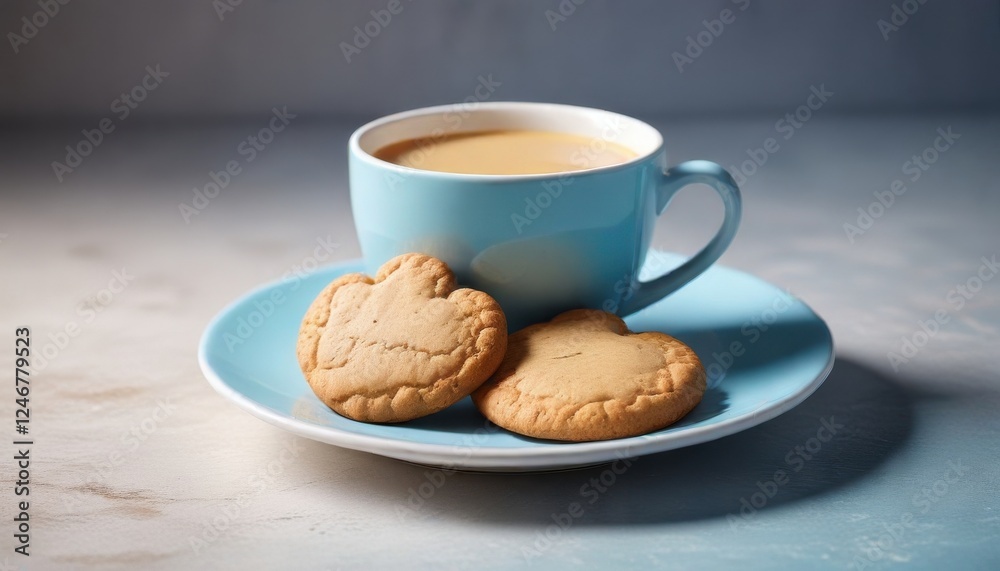 A delightful morning cup of coffee accompanied by two heart-shaped cookies on a pale blue saucer A delightful morning cup of coffee accompanied by two heart-shaped cookies on a pale blue saucer