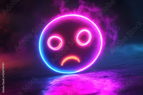 Neon glow of a sad face in a misty environment during nighttime