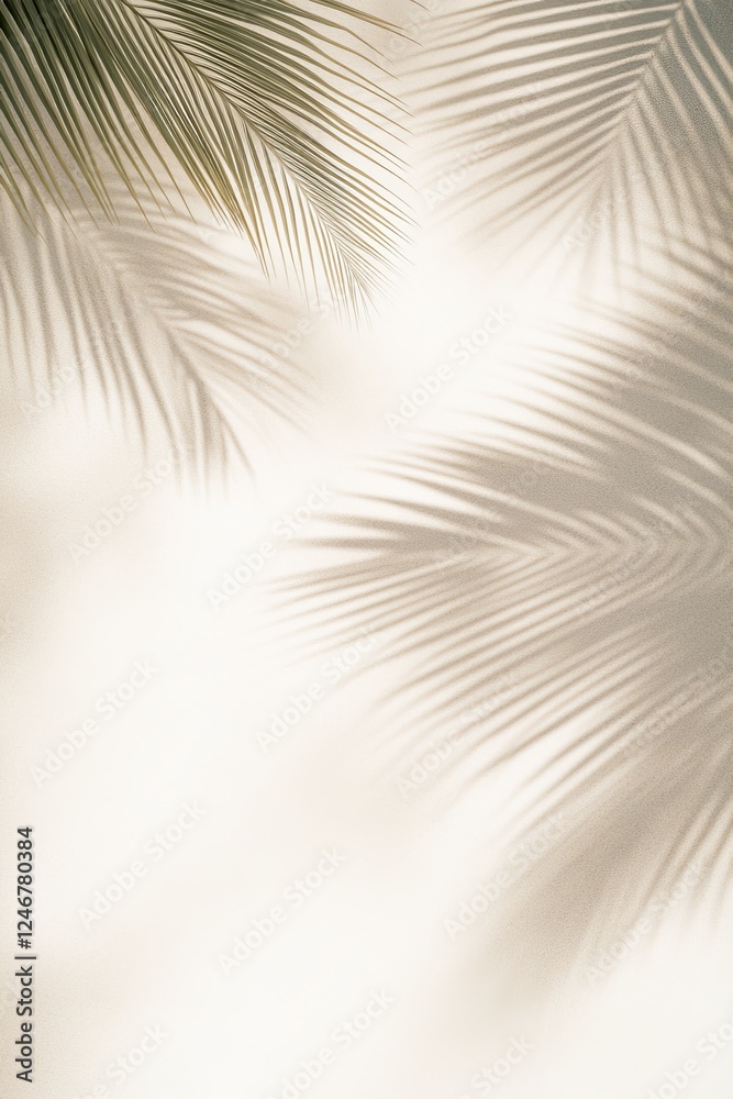 Obraz premium Tropical Palm Shadows: A minimalist photograph of the elegant silhouette of palm leaves casting delicate shadows on a bright, airy background, conjuring a sense of relaxation and escape. 