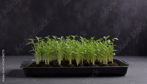Vibrant young seedlings thriving in a dark rectangular planter, showcasing early growth and healthy foliage.