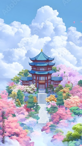 Chinese-style architecture, a temple surrounded by colorful trees and flowers