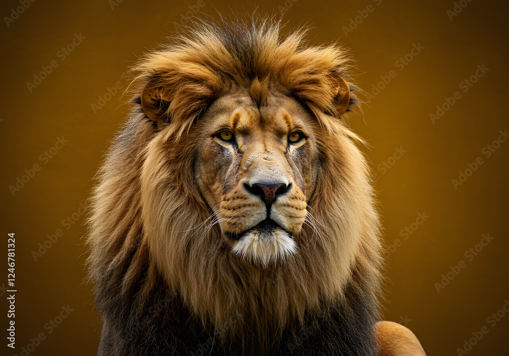 Lion with a majestic, regal expression, mane flowing, on a rich golden background Lion with a majestic, regal expression, mane flowing, on a rich golden background