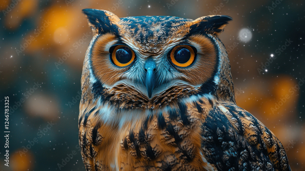 Animal portraits of a wise-looking owl with large eyes and intricate feathers, perched against a starry night sky Animal portraits of a wise-looking owl with large eyes and intricate feathers, perched against a starry night sky