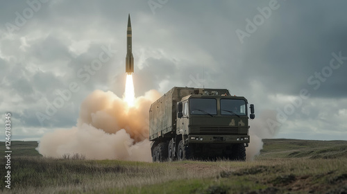 camion militaire lance missile tactique en rase campagne qui tire un arme sol-sol