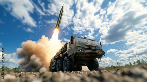 camion militaire lance missile tactique en rase campagne qui tire un arme sol-sol
