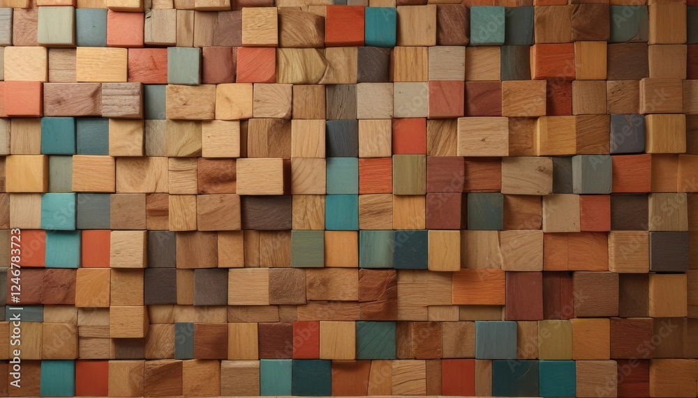 Colorful Wooden Block Wall Texture Abstract Geometric Background of Small Cubes in Varied Stains and Tones Colorful Wooden Block Wall Texture Abstract Geometric Background of Small Cubes in Varied Stains and Tones