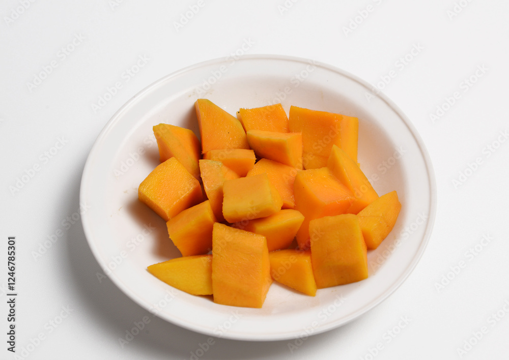 Cut mango fruit on a white plate. Cut mango fruit on a white plate.