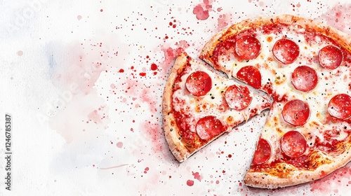 Freshly Baked Pepperoni Pizza with Colorful Splash Background