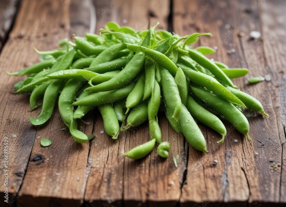 Freshly Harvested Green Peas on Rustic Wooden Surface Freshly Harvested Green Peas on Rustic Wooden Surface