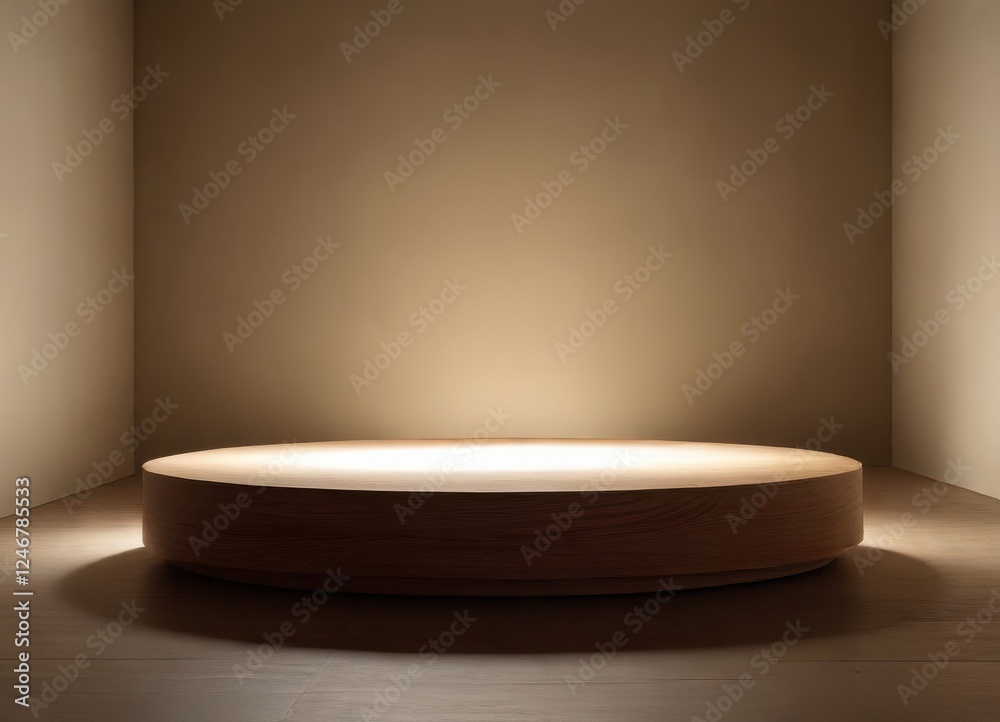 Illuminated Wooden Circular Platform in Minimalist Room Setting Illuminated Wooden Circular Platform in Minimalist Room Setting