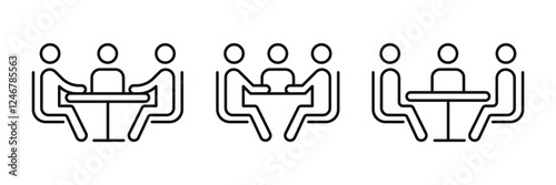 Three people sitting on meeting room icon set. Meeting room, discussion, business conference, support group outline icon. Vector editable stroke. PNG transparent