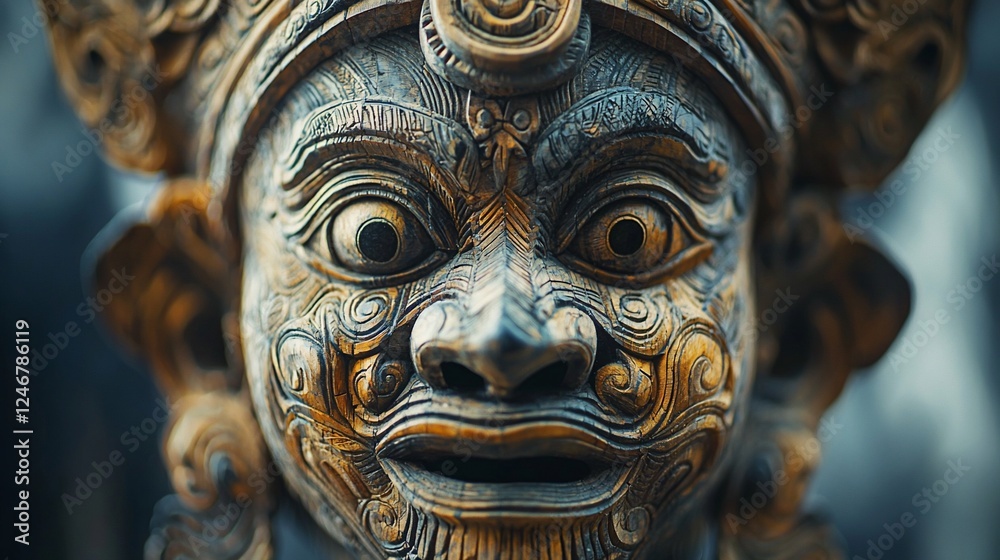 Close-up of an intricately carved wooden mask depicting a deity with wide eyes and elaborate facial features. Close-up of an intricately carved wooden mask depicting a deity with wide eyes and elaborate facial features.