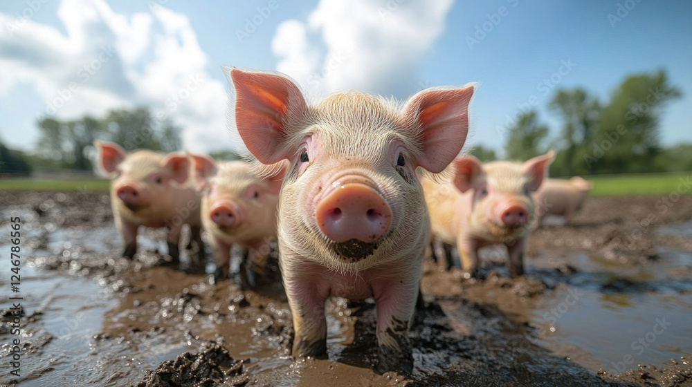 Farm animals, including a group of piglets playing in a muddy pen under a sunny sky Farm animals, including a group of piglets playing in a muddy pen under a sunny sky
