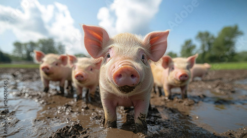 Farm animals, including a group of piglets playing in a muddy pen under a sunny sky