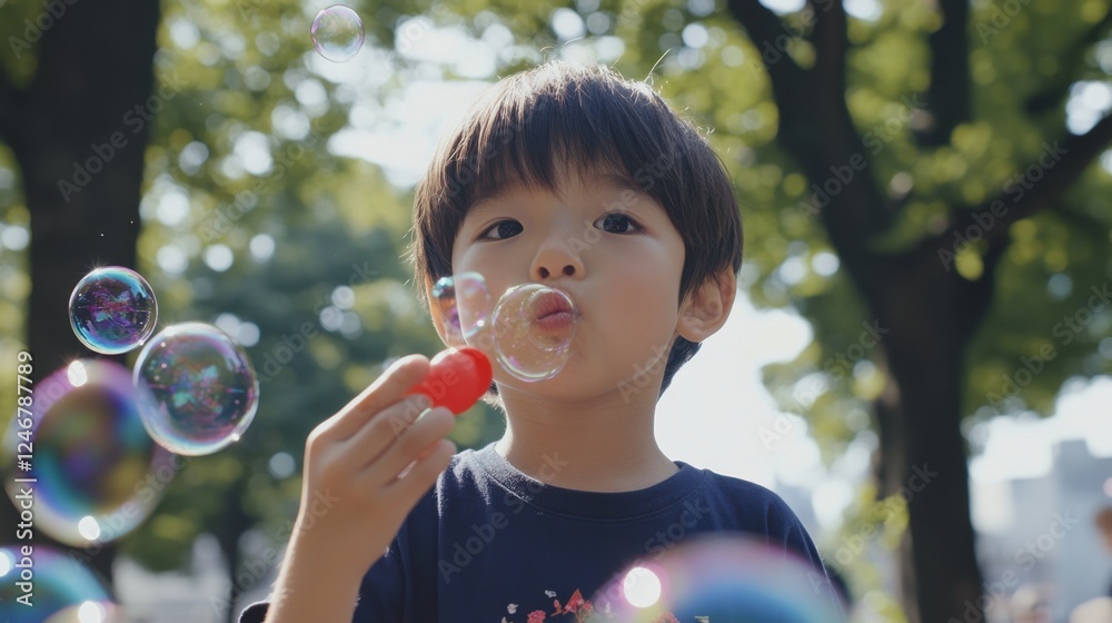 A child blowing bubbles in the park, with iridescent spheres floating through the warm summer air. A child blowing bubbles in the park, with iridescent spheres floating through the warm summer air.