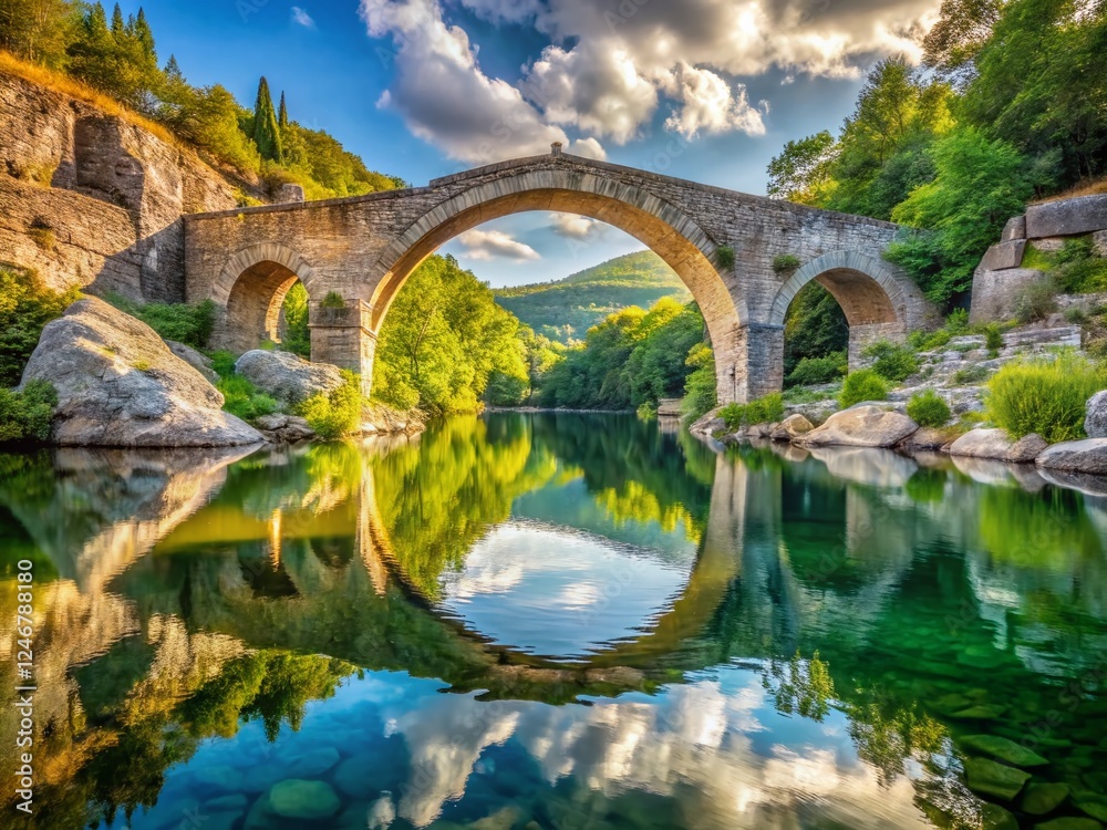 Fototapeta premium Impressive Stone Bridge Arching Over Doux River, Ardèche, France - 2018 Landscape