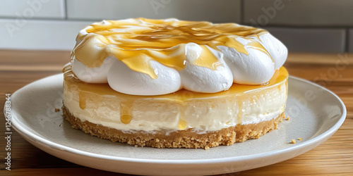 Delicious lemon cheesecake with a glossy layer of lemon jelly on top and a fluffy, pillowy meringue swirled photo