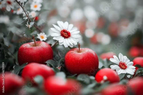 A colorful orchard filled with apple trees in full bloom during springtime photo