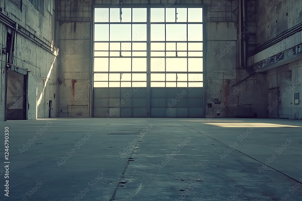 interior of a vast empty industrial building with concrete walls a large window and visible utility features creating a raw and spacious environment interior of a vast empty industrial building with concrete walls a large window and visible utility features creating a raw and spacious environment