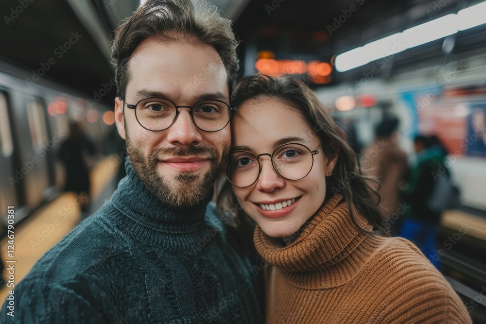 Portrait of a satisfied couple in their 30s wearing a classic turtleneck sweater isolated in bustling city subway background