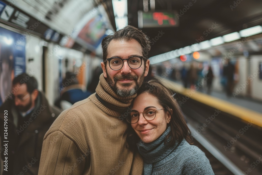 Fototapeta premium Portrait of a satisfied couple in their 30s wearing a classic turtleneck sweater isolated on bustling city subway background